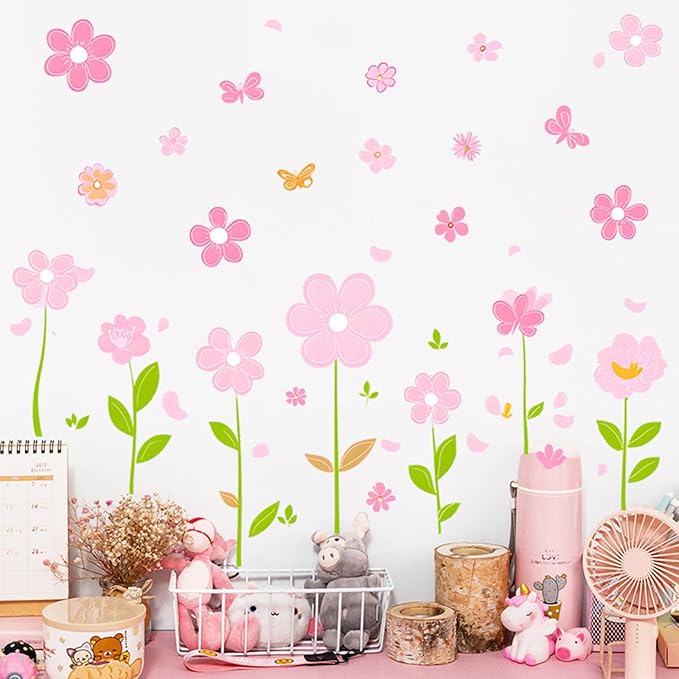Pink Flower Wall Decals Butterfly Daisy Wall Stickers Floral Decor for Girls Bedroom Living Room Bedroom Wall Decor