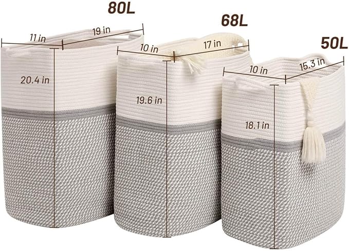 Tall Laundry Basket With Handles,Woven Cotton Rope Big Laundry Hamper Sorters,Versatile Storage for Dirty Clothes,Baby Toys,and Blankets in Bathroom, Nursery,and Living Room (White/Gray, 68L)