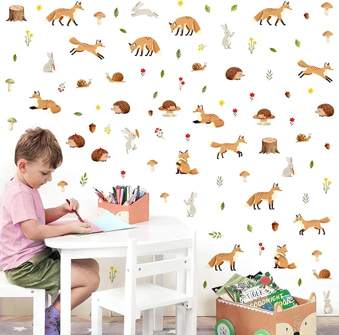 Woodland Animal Wall Stickers Cute Animals Wall Decals Peel and Stick Catroon Animal Decal Funny Fox Hedgehog Rabbit Stickers Forest Woodland Decals for Kids Room Bedroom Nursery Decor