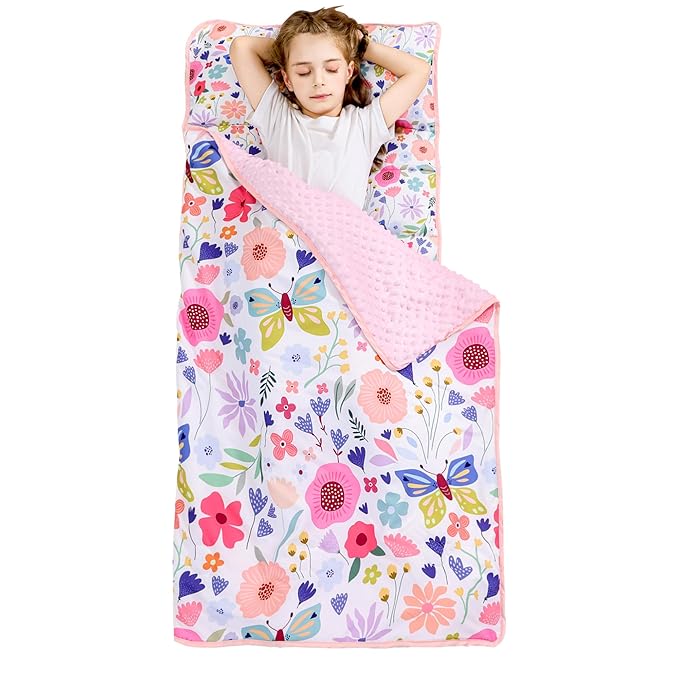 Viviland Toddler Nap Mat, Rolled Sleeping Mats with Pillow and Minky Dot Blanket for Girls, Kids Slumber Bag Nap Mat for Preschool, Daycare, Kindergarten, Travel Camping - Butterfly Garden