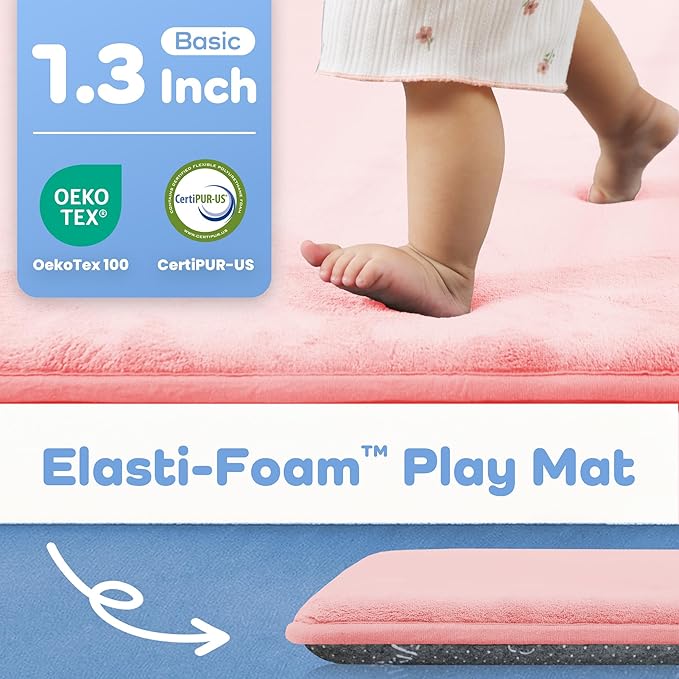 1.3" Thick Baby Floor Play Mat 59x71, Basic Padded Foam Mat for Tummy Time Crawling, Non Slip Cushioned for Babies Toddlers Infants Kids (Pink)