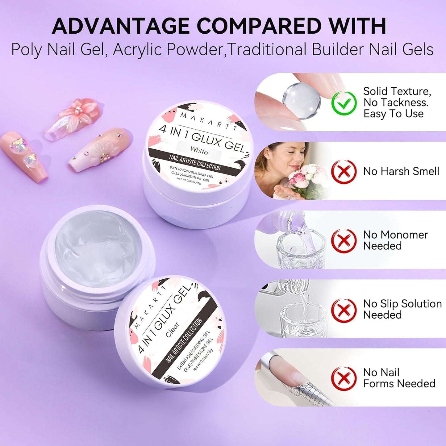 Makartt 3D Gel Nail Art for Nails Starter Kit: Clear and White for Extension Solid Gel Builder DIY Manicure, 3d Molding Hard Gels with Gold & Silver Chrome Powder Silicone Flower Molds Sculpture Brush