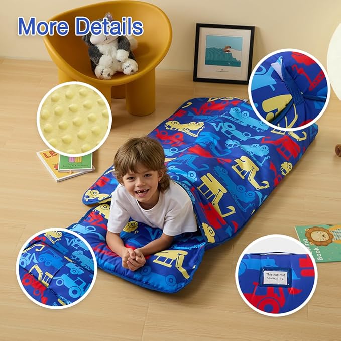 beeweed Toddler Nap Mat, Rollup Design Kid Sleeping Mat with Removable Pillow & Minky Blanket, Toddler Sleeping Bag for Daycare Preschool Travel Camping