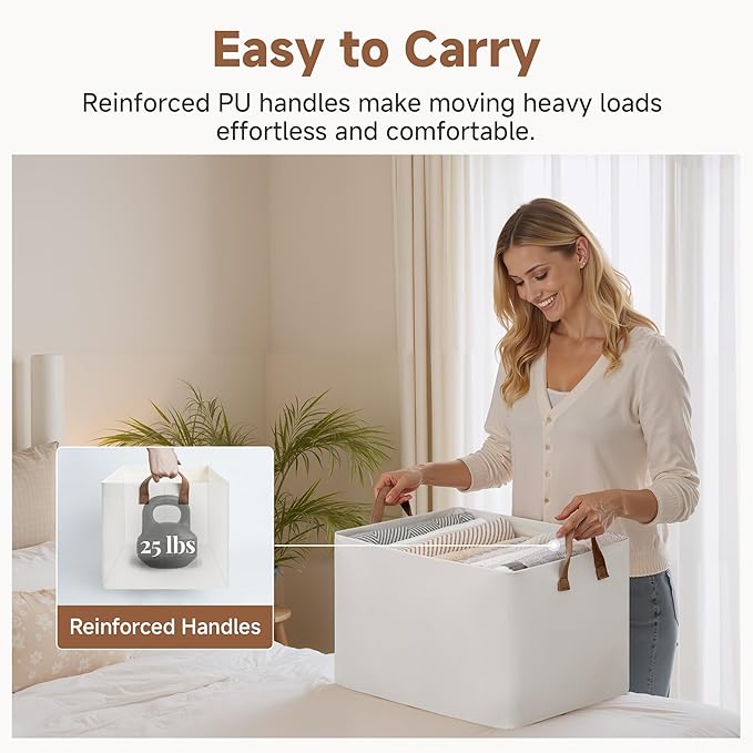 StorageWorks 45L Extra Large Fabric Storage Bins with PU Handles, Storage Baskets for Organizing, Large Laundry Basket, 2-Pack, Beige, 19" L X 13.25" W X 11" H