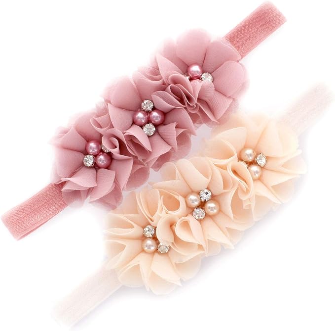 My Lello Flower Headbands Baby - Girls - Toddler Fabric Beaded Stretchy Elastic Pair
