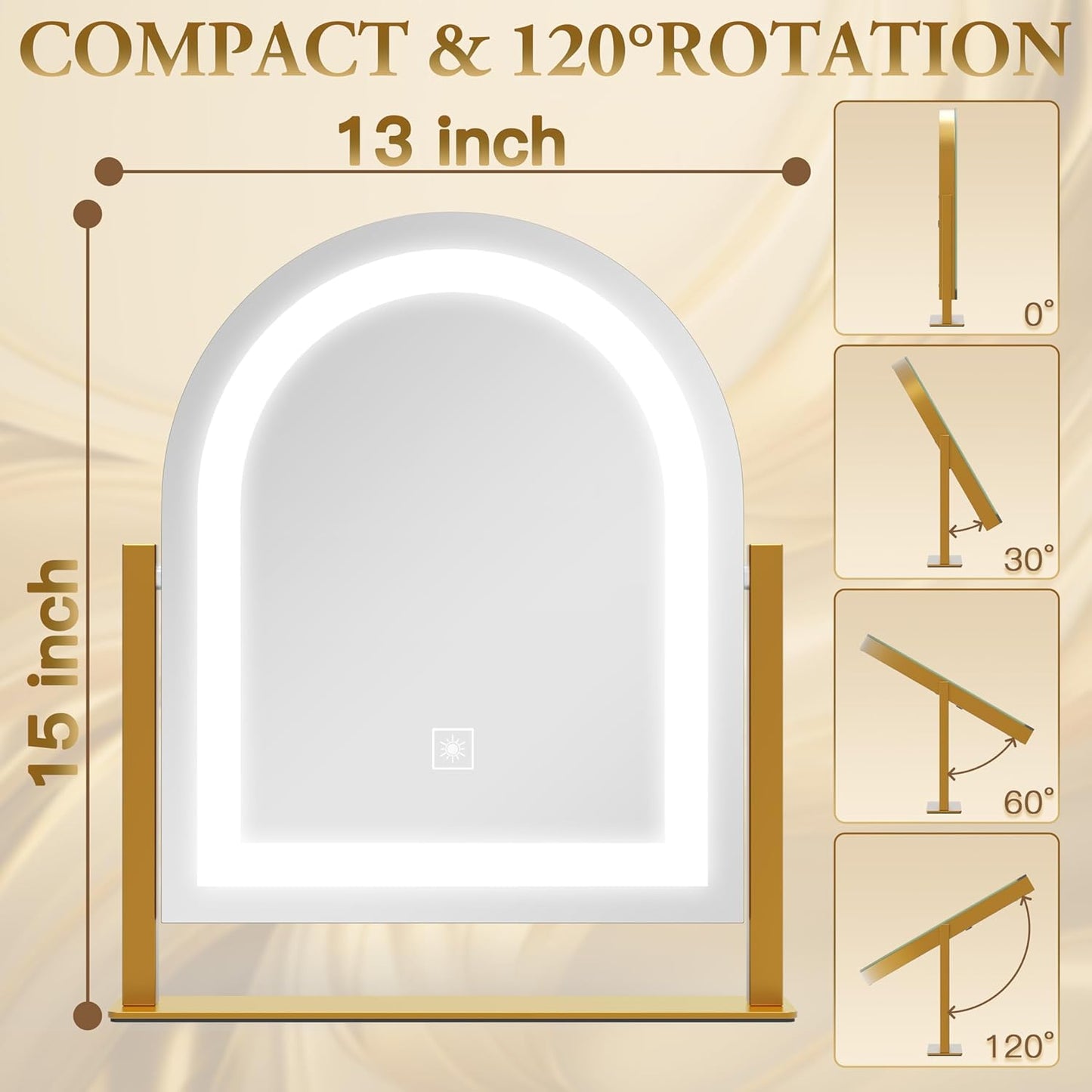 Lighted Makeup Mirror with 3-Color Dimmable Lighting, with Removable 10x Magnifier, Smart Touch Control, 360° Rotation, 15" x 13" Hollywood Vanity Mirror for Tabletop Desk (Gold)