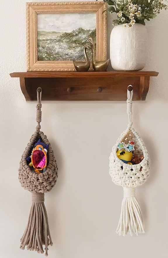 Macrame Wall Hanging Boho Decor Set of 2 Handmade Hanging Accents White & Cream Coffee Color Decorative Woven Wall Art for Living Room or Home Décor