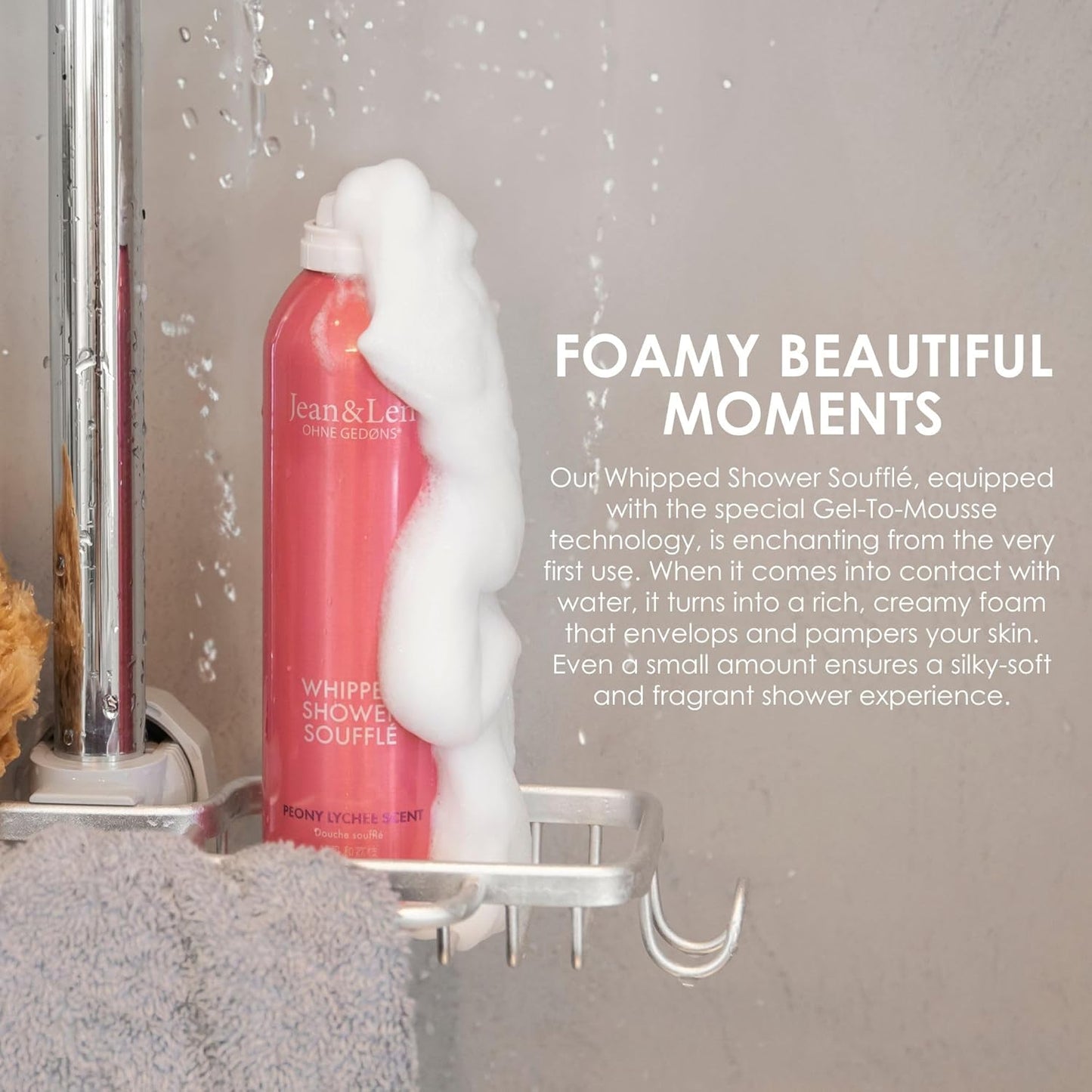 Jean & Len Shower Soufflé Peony & Lychee, with almond, jojoba & babussa oil, for a fragrant cleansing experience, for normal to dry skin, shower foam, without parabens & silicones, vegan, 6.76 Fl. Oz.