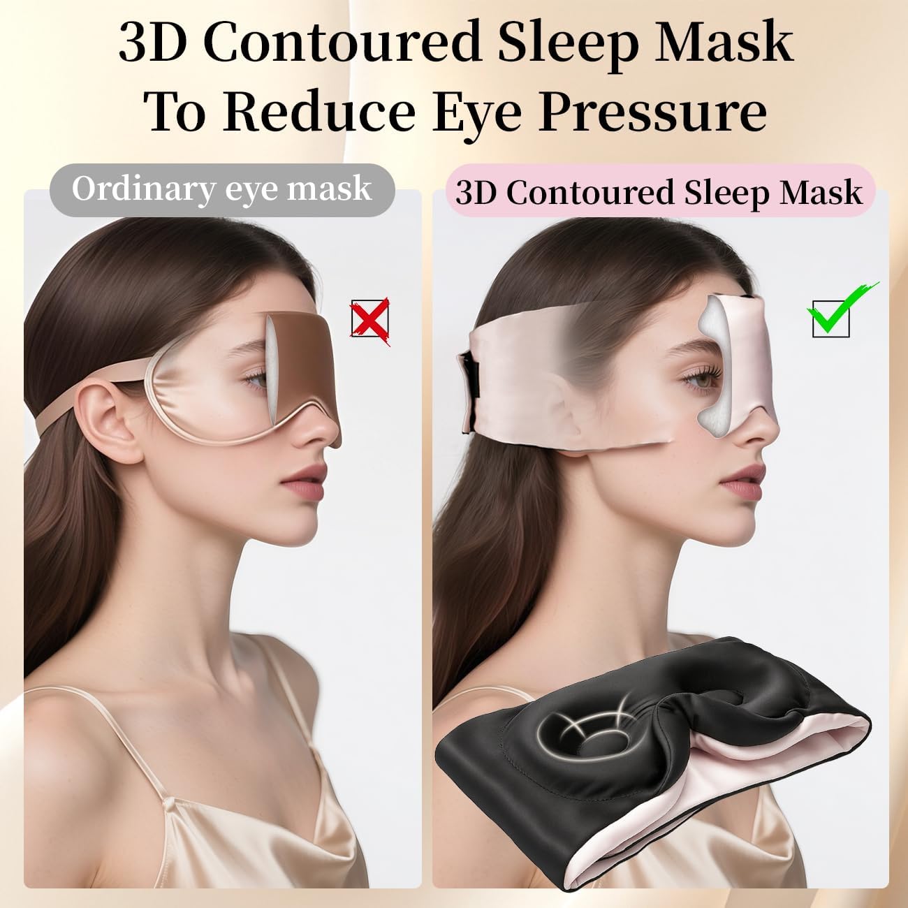 USlixury Silk Sleep Mask, 3D Contoured Sleeping Masks, Blackout Sleep Masks for Women with Nose Wing,100% Mulberry Silk, Face-Hugging Non-Slip SLEP Mask for Side Sleeper, 27.5x4.5'', Pink