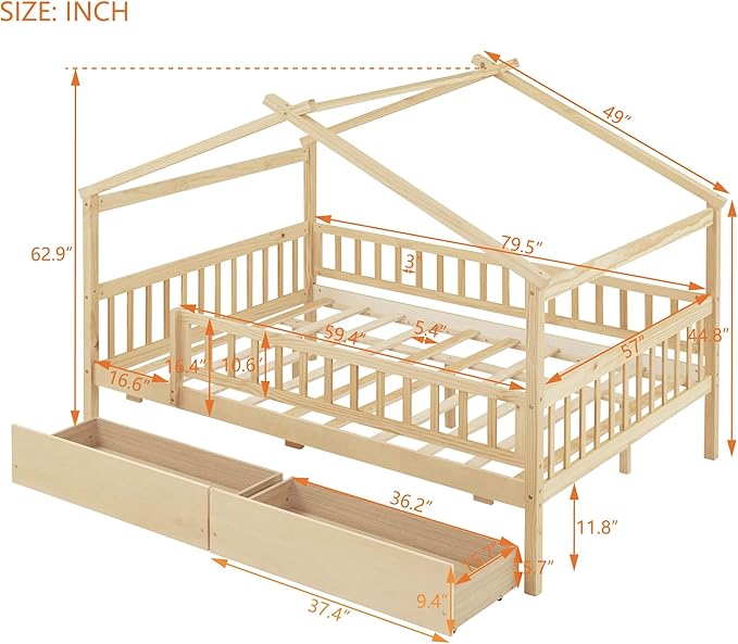 Full House Bed with 2 Storage Drawers, Kids Full Bed Frame with Rails and Roof, Tent Bed, Wooden Full Daybed, Full Montessori Bed for Kids Teens Girls & Boys, No Box Spring Needed (Natural)
