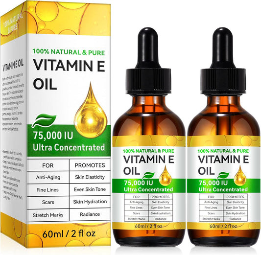 2 Pack Pure Vitamin E Oil, 75,000 IU Ultra Concentrated & Natural for Stretch Mark/Scars Treatment, Smoothing & Moisturizing Skin & Hair & Cuticles, Cold Pressed/Hexane Free/Non-GMO, 60ML/2Fl Oz
