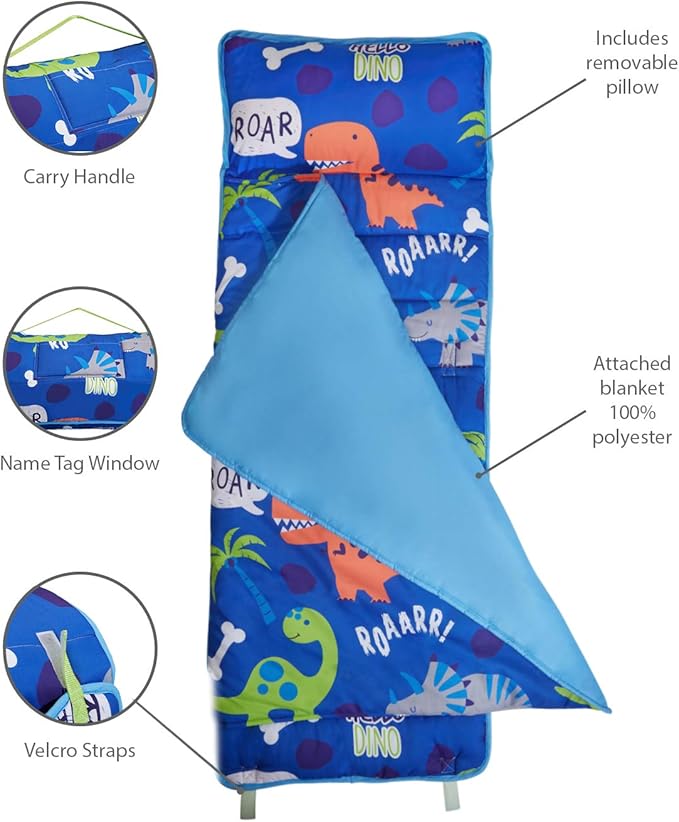 EVERYDAY KIDS Nap Mat with Removable Pillow - Roarin' Dinos - Carry Handle with Straps Closure, Rollup Design, Soft Microfiber for Preschool, Daycare, Travel Sleeping Bag - Ages 3-6 Years