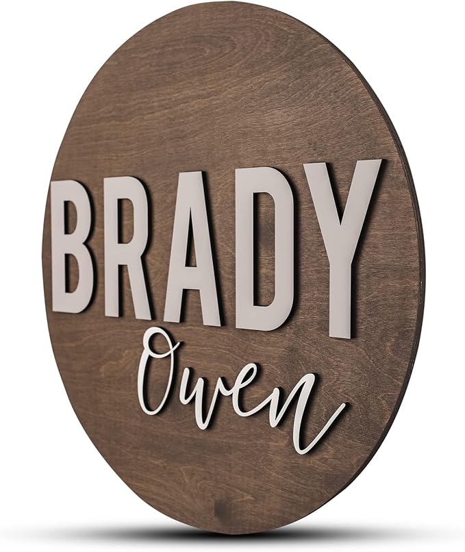 Custom Round Nursery Name Sign, Personalized Wooden Wall Plaque, 12" 18" 24", 30" 3D Wall Art for Children & Kids Rooms, Baby Shower, Hickory Hollow Designs (Brady Owen)