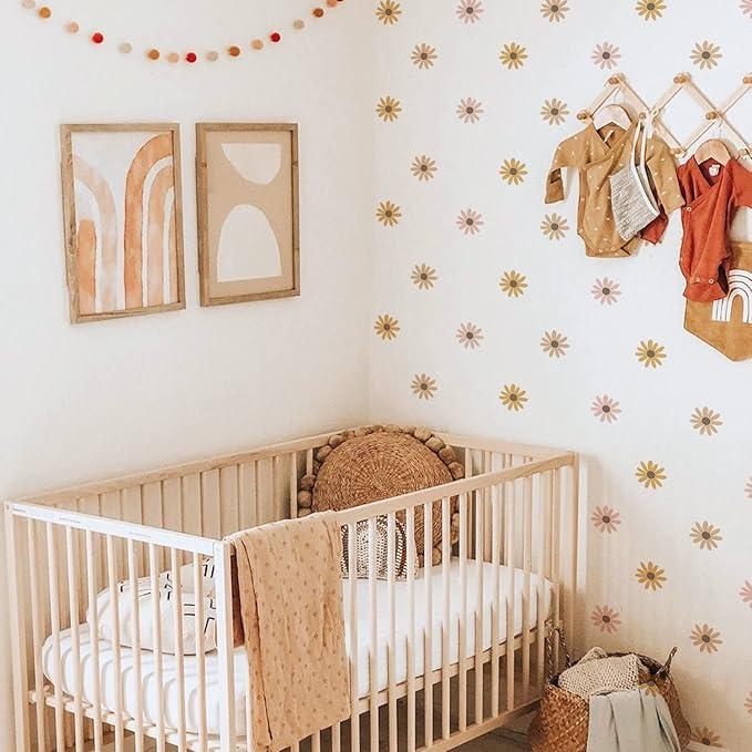 Daisy Wall Decals Boho Flower Wall Stickers 72 PCS for Girls Room Playroom Nursery, Removable Daisy Wall Decal Boho Peel and Stick Kids Room Decor Vinyl Murals DIY Decorations (12 Sheets)