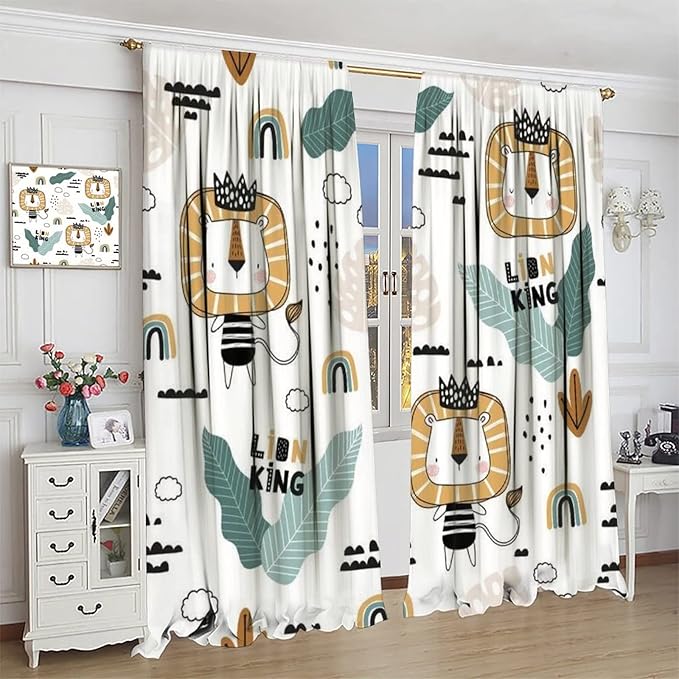 Cartoon Little Lion King Window Curtains for Baby Child,Cute Funny Forest Animals,Tropical Jungle Leaves Wildlife Boho Rainbow Print Blackout Drapes for Nursery Boys Girls Kids Bedroom 63x72in