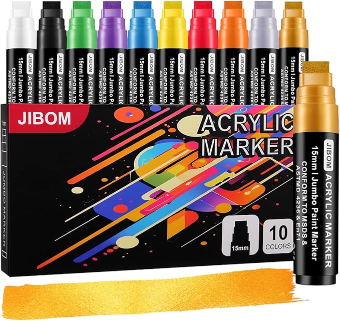 10 Colors Jumbo Acrylic Paint Markers (2 Metallic), 15mm Extra Large Felt Tip Thick Paint Pens for Rock, Wood, Ceramic, Glass, Canvas, Eggs,Pumpkins, Poster Painting Vibrant, Long Lasting Art Supplies
