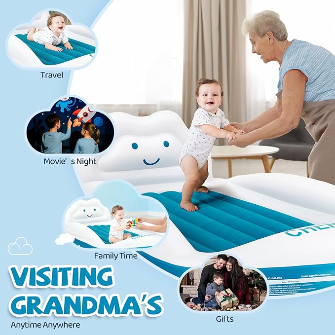 Inflatable Toddler Travel Bed, Portable Kids Air Mattress with 4-Sides Safety Bumpers & Electric Pump, Toddler Blow Up Mattress Bed for Travel Camping Grandma's Sleepovers, Gift for Kids