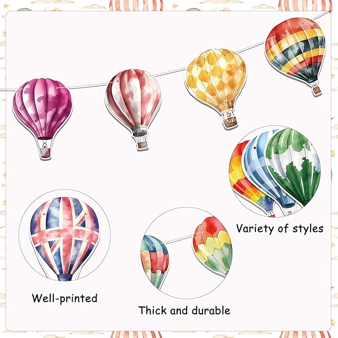 4 Packs Hot Air Balloon Theme Garland Banner Set – Watercolor Balloon Party Banner Balloons Birthday Bunting Decor for Wedding, Baby Shower,Adventure Theme Party,Travel Themed Celebrations, 24 Styles