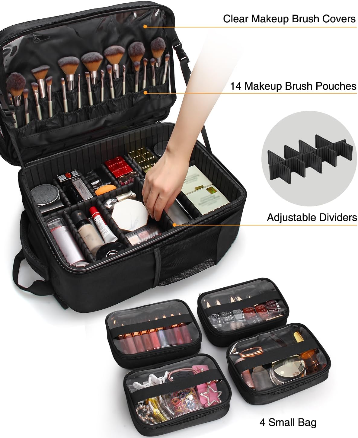 Makeup Backpack Professional Makeup Artist Bag Extra Large Cosmetic Bags with 8 Small Bags Double-Layer Travel Cosmetic Train Case Storage Organizer with Adjustable Divider