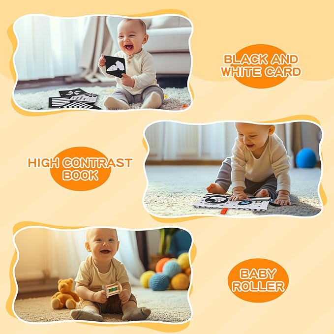 Montessori Toys for Babies 0-6 Months, 6 in 1 Learning Educational Set for Newborn, Toddlers Gifts Includes Spinning Drum, Object Permanence Box, Baby Roller Tummy Time Mirror and More