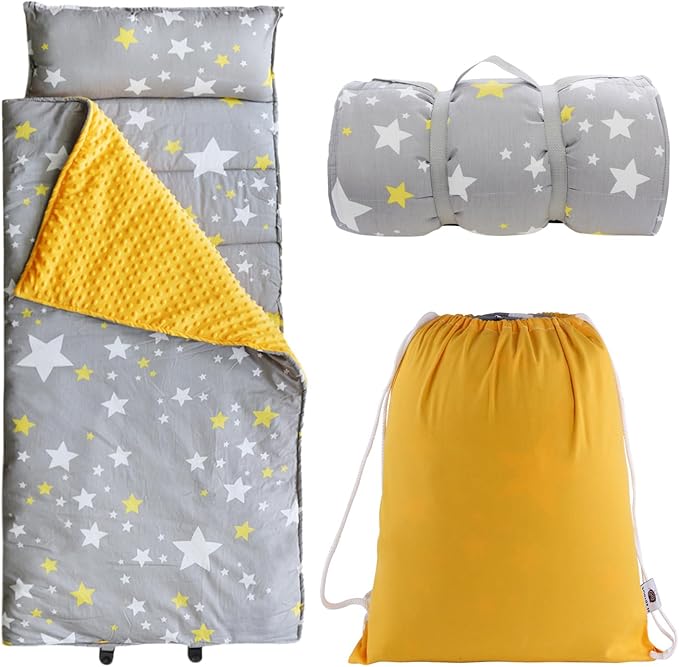 Toddlers Nap Mat with Removable Pillow and Soft Blanket, Lightweight Daycare Preschool Kindergarten Sleeping Bag, Travel Slumber for Kids Girls Boys
