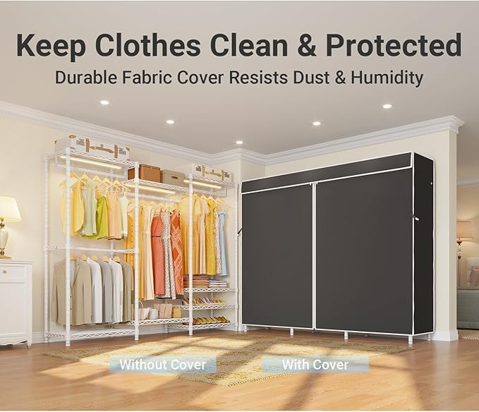 VIPEK V5LC Garment Rack Heavy Duty Covered Clothes Racks with Dimmable LED Light, 3000K Warm White, Portable Closet Wardrobe Freestanding Clothing Rack for Hanging Clothes, White Rack with Black Cover