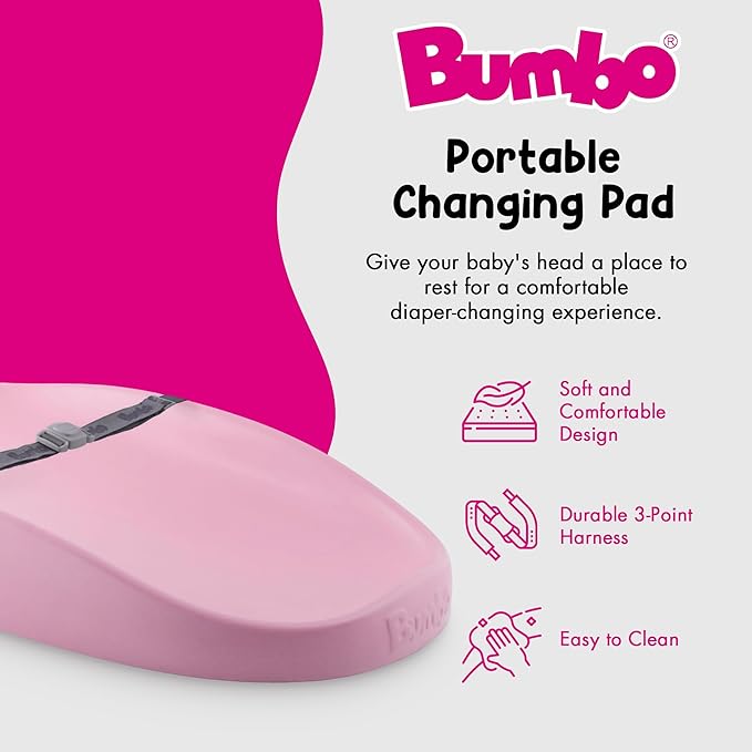 Bumbo 2 Pack Baby Changing Pads for Dresser or Table Top, Portable & Wipeable Non Slip Soft Contoured Diaper Change Station with Harness, Cradle Pink