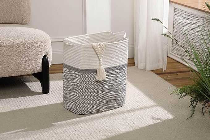 Tall Laundry Basket With Handles,Woven Cotton Rope Big Laundry Hamper Sorters,Versatile Storage for Dirty Clothes,Baby Toys,and Blankets in Bathroom, Nursery,and Living Room (White/Gray, 68L)