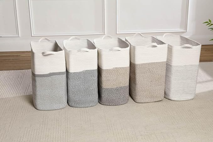 Tall Laundry Basket With Handles,Woven Cotton Rope Big Laundry Hamper Sorters,Versatile Storage for Dirty Clothes,Baby Toys,and Blankets in Bathroom, Nursery,and Living Room (White/Gray, 68L)