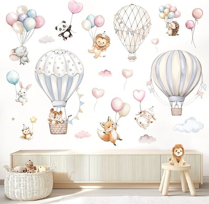 Cartoon Hot Air Balloons Wall Stickers Animals Self Adhesive Non-Toxic Wall Decals for Kids' Bedroom Living Room