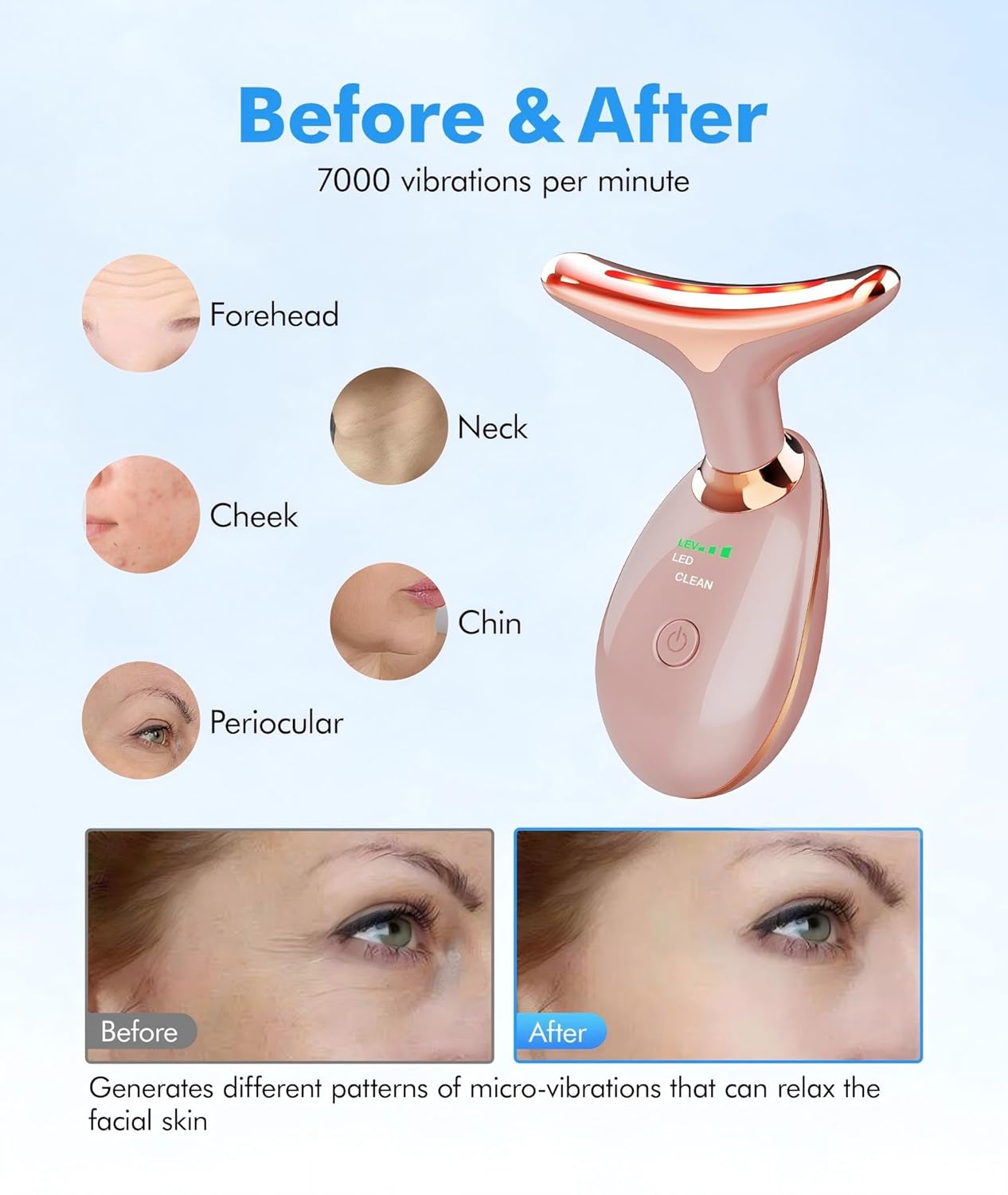 Red Light Therapy for Face and Neck, 7 Color Face Massager Tool for Wrinkles, Double Chin, Vibrating Facial Massager with Thermals for Skin Care, Rose Gold