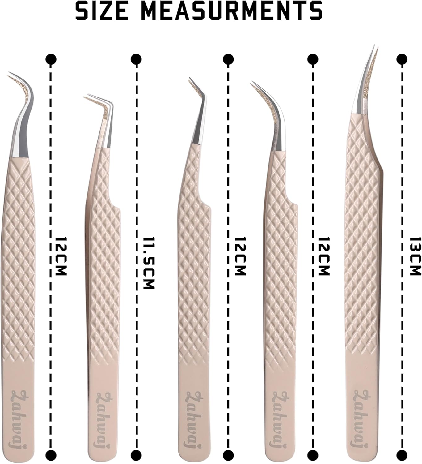 Lash Tweezers - Set of 5 Diamond Grip Eyelash Tweezers - Stainless Steel Professional Fiber Tip Lash Tweezer for Eyelash Extensions (Beige)