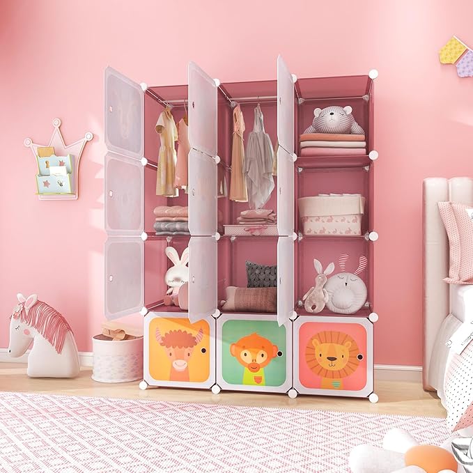 Costzon Kids Closet, Cartoon DIY Modular Dresser Storage Organizer with 12 Cubes & 2 Clothes Hanging Rack, Portable Armoire for Baby Toddlers, Kids Wardrobe for Bedroom Nursery (Pink)