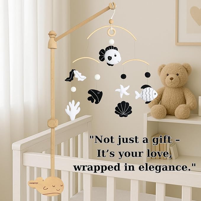 High-Contrast Black & White Fish Montessori Baby Mobile for Crib, Adjustable Wooden Arm Holder, Easy Clip-On Nursery Decor for Visual Stimulation & Gift