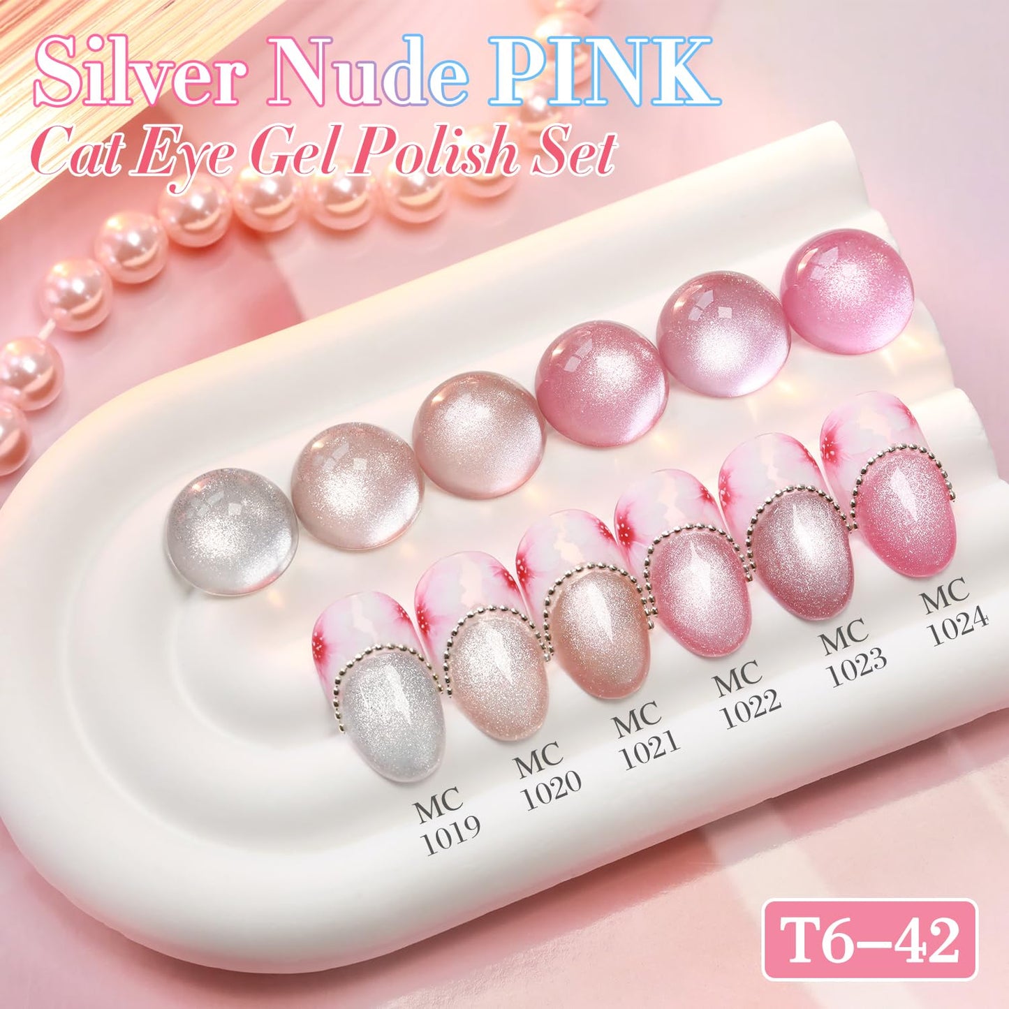 Double Rhythm Cat Eye Gel Nail Polish Set of 6 Same Color Same Bottle 0.5 Oz Shimmer Glitter with Magnet Holographic Reflective Magnetic UV Nail Polish Kit at Home (Silver Nude Pink-T6-42)