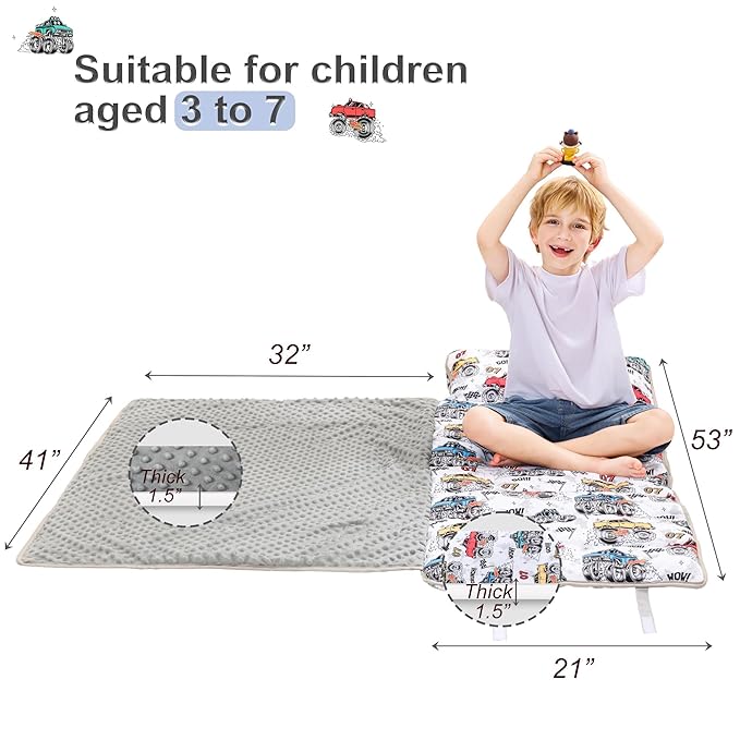 Viviland Toddler Nap Mat with Pillow and Minky Blanket,Rolled Large Sleeping Mat for Boys, Kids Slumber Bag Nap Mat for Preschool, Daycare, Kindergarten, Travel Camping - Monster Truck