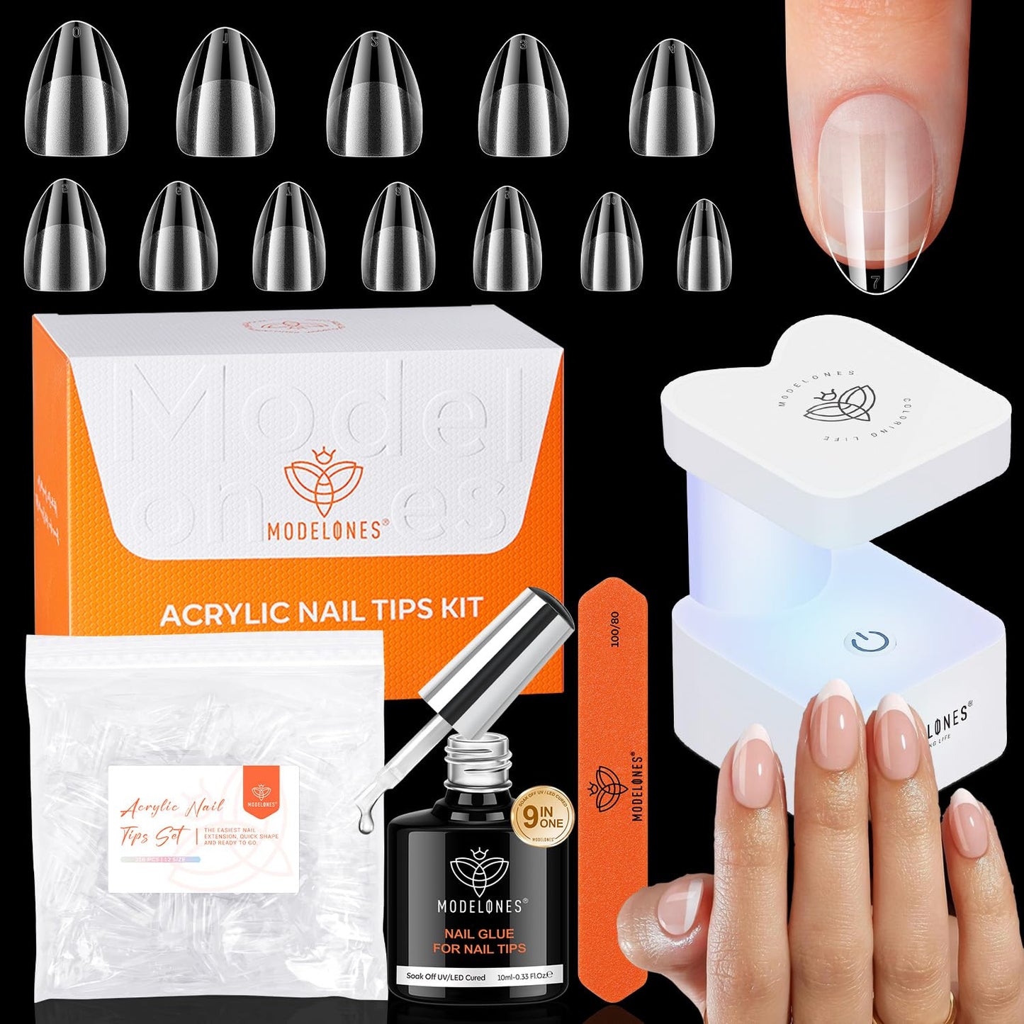 modelones Extra Short Almond Gel Nail Tips Kit, 9-in-One Nail Glue with Portable U V Lamp 216Pcs 12Sizes Pre-Etched Press ons Fake Acrylic Extension Kit DIY Salon Gift for Women