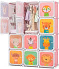 Costzon Kids Closet, Cartoon DIY Modular Dresser Storage Organizer with 12 Cubes & 2 Clothes Hanging Rack, Portable Armoire for Baby Toddlers, Kids Wardrobe for Bedroom Nursery (Pink)