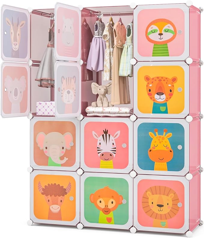 Costzon Kids Closet, Cartoon DIY Modular Dresser Storage Organizer with 12 Cubes & 2 Clothes Hanging Rack, Portable Armoire for Baby Toddlers, Kids Wardrobe for Bedroom Nursery (Pink)