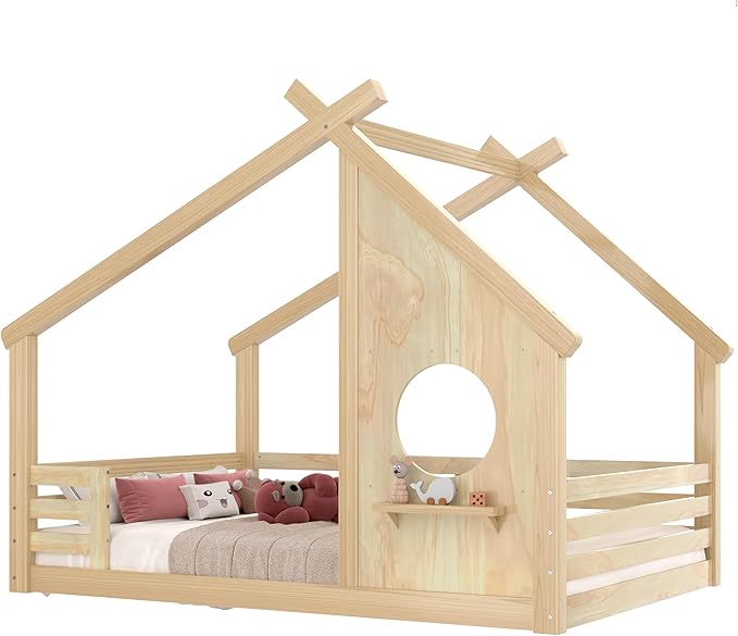 SOFTSEA Full Size Floor House Bed with Roof, Solid Wood Montessori Bed Frame with Slats and Guardrails, Kids Playhouse Floor Bed for Boys Girls, No Spring Box Needed, Natural