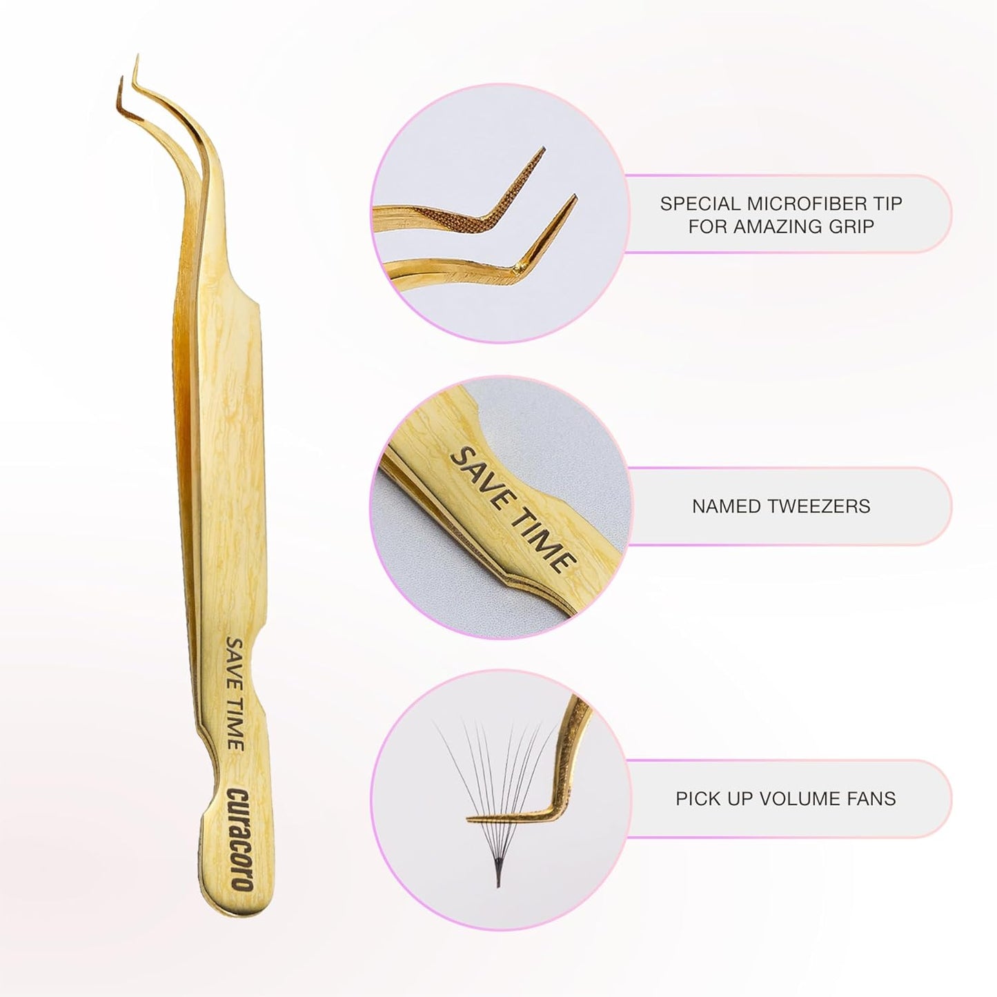 Curacoro Lash Tweezer - Professional & Precision Fiber Tip Grip Lash Tweezers for Eyelash Extensions, Multi Shapes & Purposes Tweezers for Volume, Isolation & Classic Lashes (Gold, Save Time)