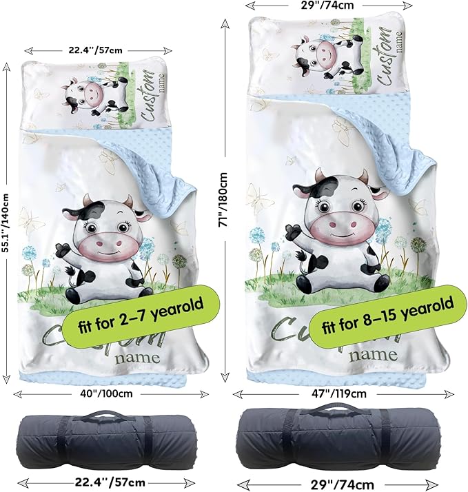 Personalized Toddler Nap Mats for Preschool, Custom Name Kids Sleeping Bag for Daycare, Roll Up Sleeping Mat with Removable Pillow and Soft Dot Minky Blanke for Boys Camping Travel