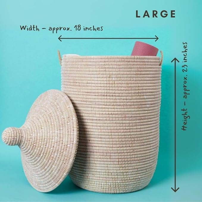 Tall Large Decorative Wicker Storage Basket with Lid, Laundry Hamper, Blanket Storage, Toys Bin, Clothes Holder, Boho Style (White)