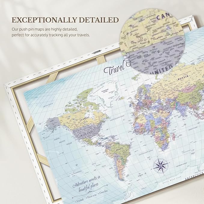 ElephantStock - Push Pin Travel Map World I Wall Art - Horizontal Canvas Wall Art - Living Room Wall Decor - Printmaking Map Canvas Art - Blue And Beige Decor - 45" x 30"