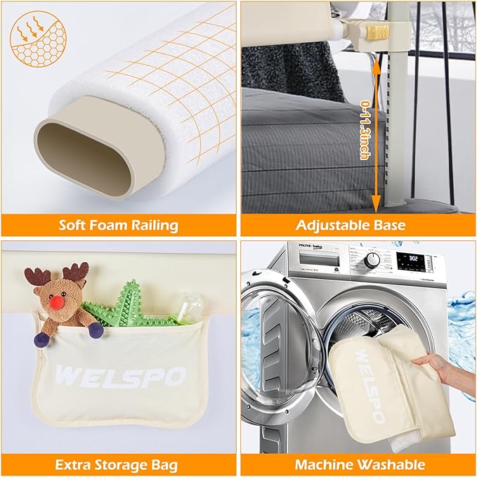 welspo 70 Inches Bed Rail for Toddlers Fold Down Safety Baby Bed Guard Swing Down Bedrail for Convertible Crib, Kids Twin, Double, Full Size Queen & King Mattress, Beige [Upgraded] (1 Pack)