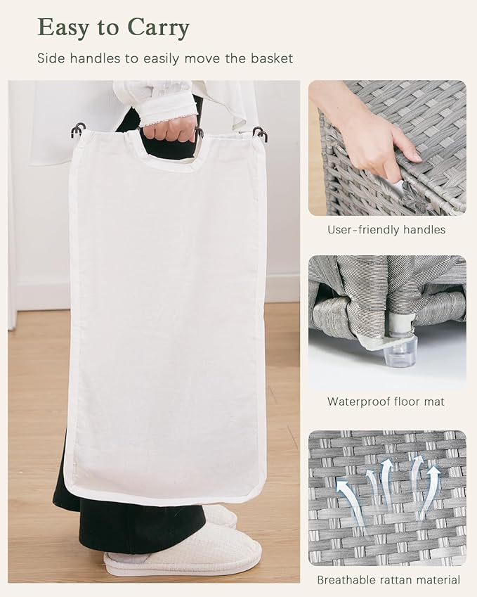 Laundry Hamper with Lid Laundry Basket 132 L (35 Gal) Wicker Clothes Hamper, Handwoven Rattan Hamper with Handles and 4 Removable Liner Bags, 6 Mesh Bags for Laundry Bedroom Gray