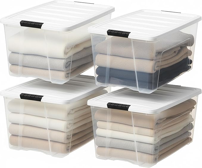 IRIS USA 72 Qt Stackable Plastic Storage Bins with Lids, 4 Pack - BPA-Free, Made in USA - See-Through Organizing Solution, Latches, Durable Nestable Containers, Secure Pull Handle - Clear/White