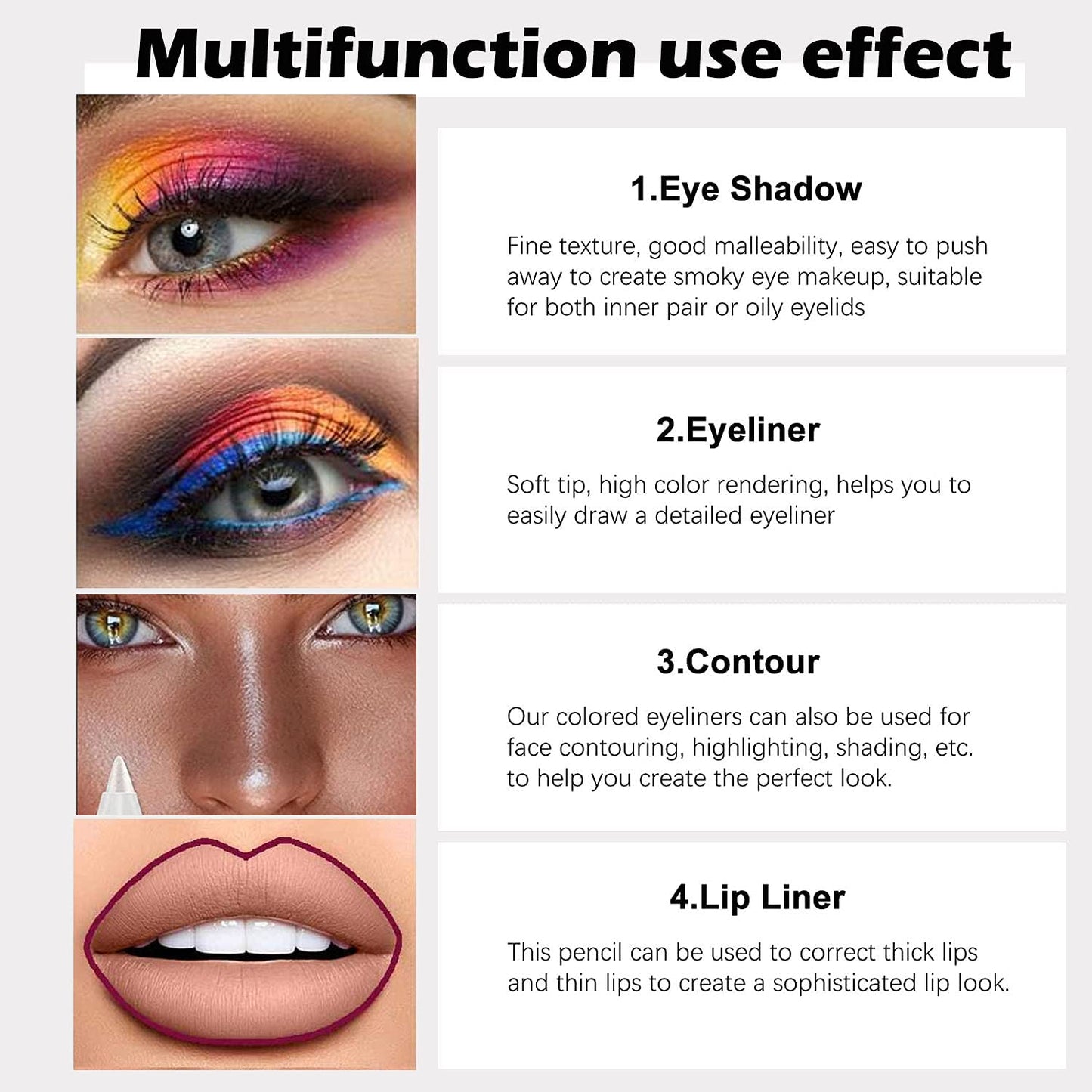 evpct 6Pcs White Glitter Eyeliner Pencils Set delineadores de colores para ojos lapiz negro a prueba de agua Black Silver Blue Red Brown Metallic Colorful Liquid Eye Liners Waterproof