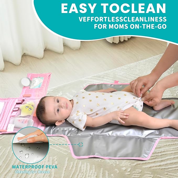 UBRAVOO Portable Diaper Changing Pad - Baby Diaper Changer Travel Bag with Wipes Pocket, Smart Design Portable Changing Mat, Infant Travel Station Kit, Gift for Newborn Girl & Boy (Pink)