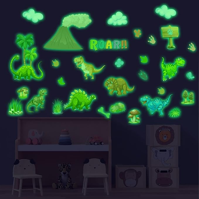 Glow in The Dark Dinosaur Wall Decals Stickers, Removable Footprints Dino Stickers for Ceiling, Jungle Wall Decor for Nursery, Decoration Classroom Gift for Boy Toddlers